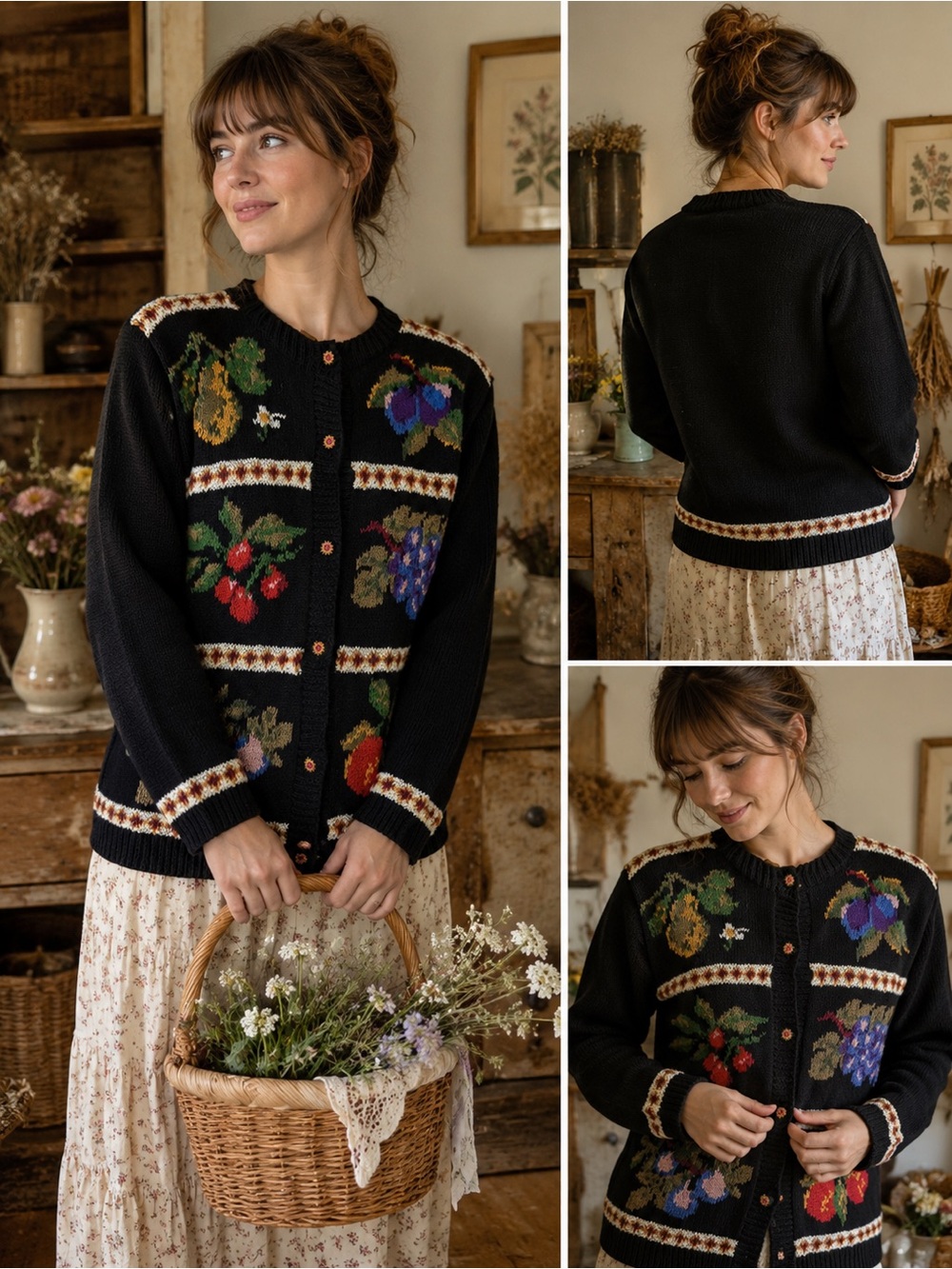 Vintage Glenover Ramie Cotton Fruit Cardigan Sweater Black L